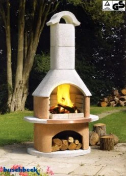 Buschbeck Gartenkamin Bologna Weiß-terra Mit Kupferblende -Flammengrill Buschbeck Grillkamin Bologna