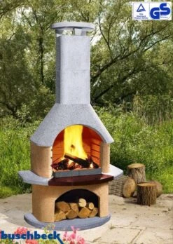 Buschbeck Gartenkamin Jupiter Weiß-terra Mit Kupferblende -Flammengrill Buschbeck Grillkamin Jupiter