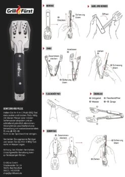 Grillfürst BBQ - Multitool - 4in1 Grillbesteck - Grillgadget -Flammengrill Grillfuerst Multi BBQ Tool Anleitung Montage zusammenklappen